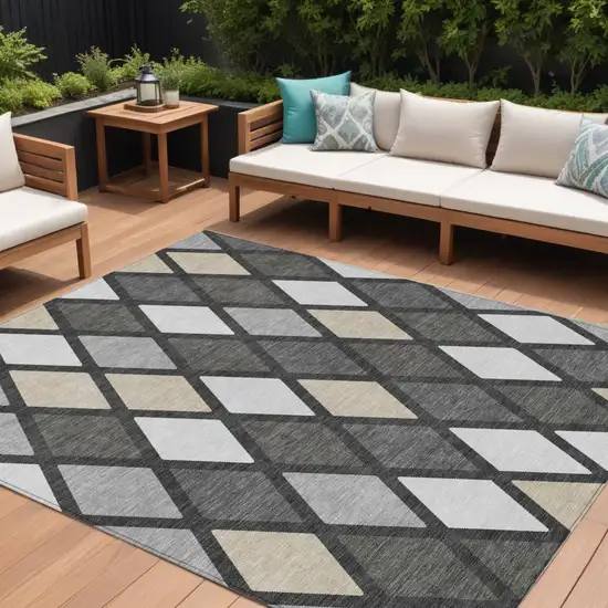 Gray Beige And Ivory Geometric Washable Indoor Outdoor Area Rug Photo 1