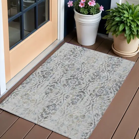Gray Black And Green Floral Washable Indoor Outdoor Area Rug Photo 1