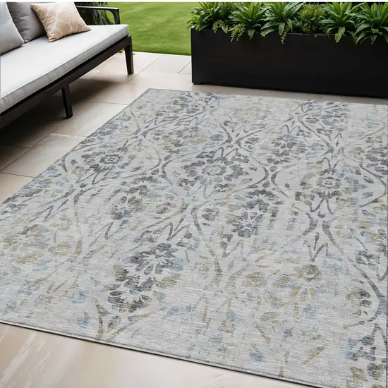 Gray Black And Green Floral Washable Indoor Outdoor Area Rug Photo 1