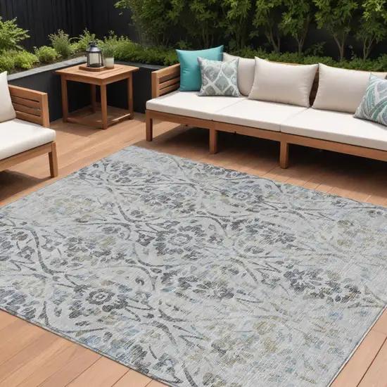 Gray Black And Green Floral Washable Indoor Outdoor Area Rug Photo 1