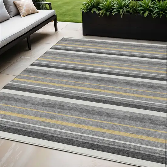 Gray Brown And Ivory Striped Washable Indoor Outdoor Area Rug Photo 1