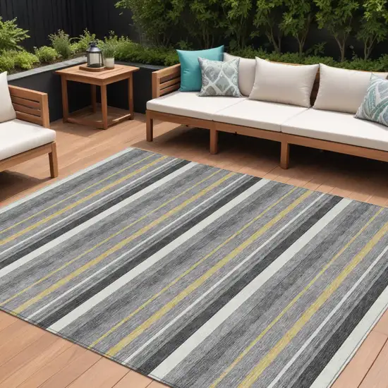 Gray Brown And Ivory Striped Washable Indoor Outdoor Area Rug Photo 1
