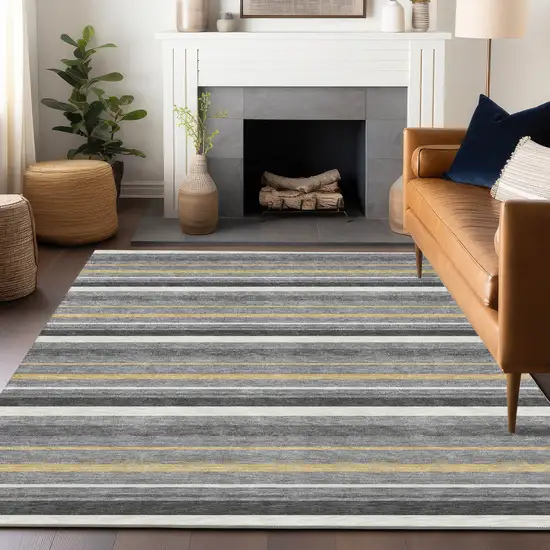 Gray Brown And Ivory Striped Washable Indoor Outdoor Area Rug Photo 9