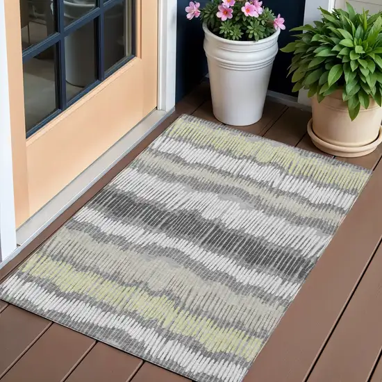 Gray Light Green And Ivory Striped Washable Indoor Outdoor Area Rug Photo 1