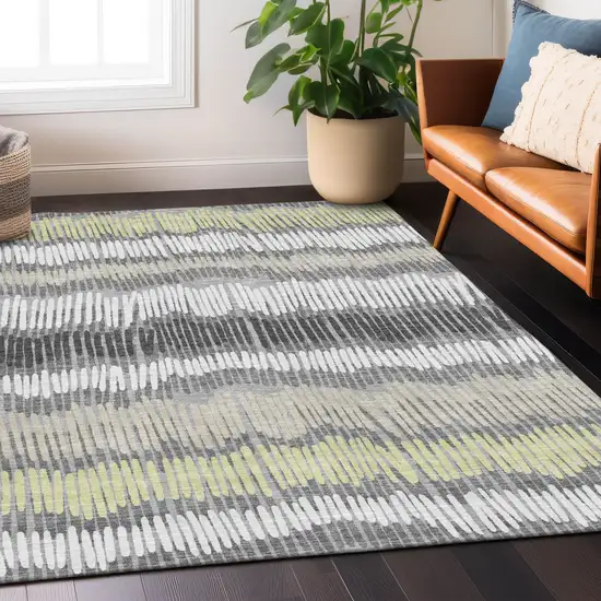 Gray Light Green And Ivory Striped Washable Indoor Outdoor Area Rug Photo 9