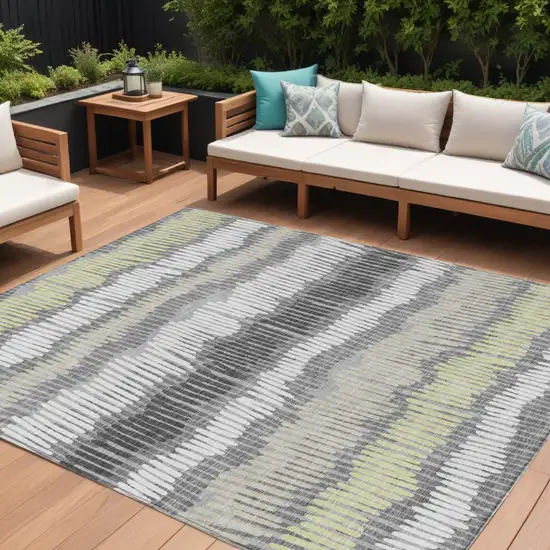 Gray Light Green And Ivory Striped Washable Indoor Outdoor Area Rug Photo 1