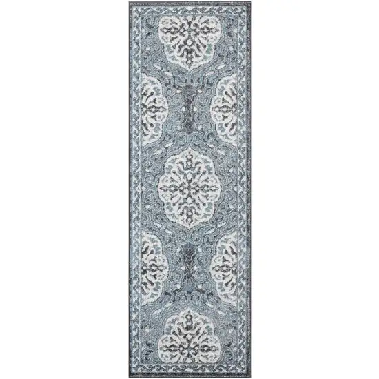 Gray and Blue Medallion Power Loom Runner Rug Photo 1