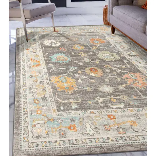 Gray and Orange Floral Stain Resistant Indoor Outdoor Area Rug Photo 5