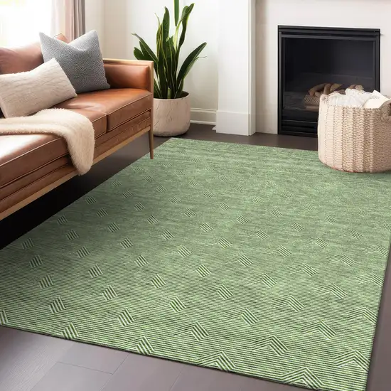 Green And Beige Geometric Washable Indoor Outdoor Area Rug Photo 9