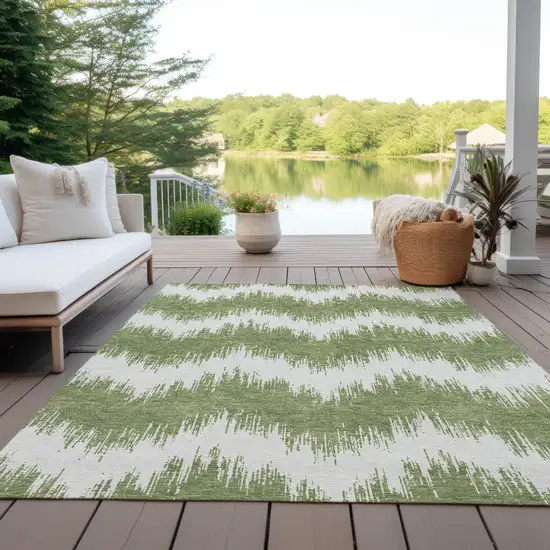 Green And Ivory Chevron Washable Indoor Outdoor Area Rug Photo 8