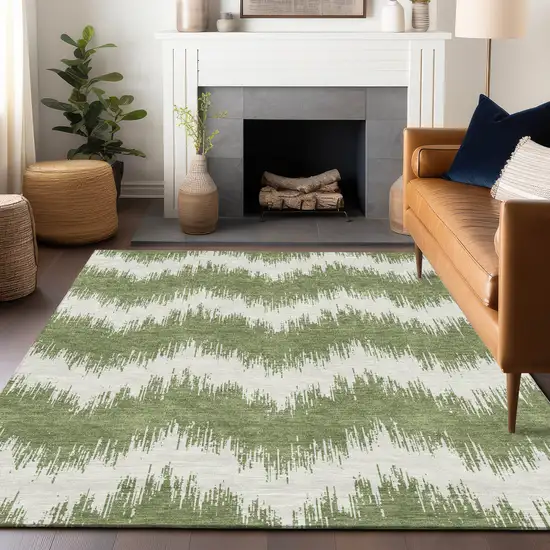 Green And Ivory Chevron Washable Indoor Outdoor Area Rug Photo 9