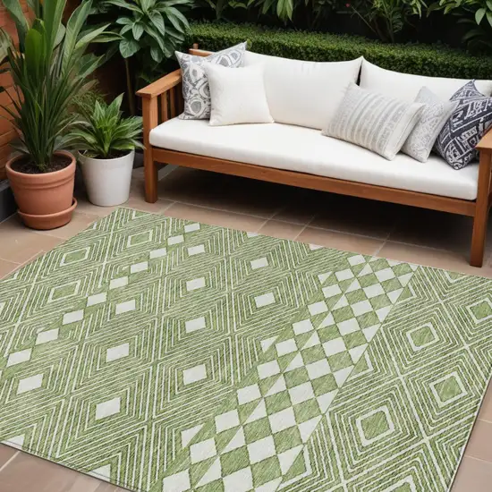 Green And Ivory Geometric Washable Indoor Outdoor Area Rug Photo 1