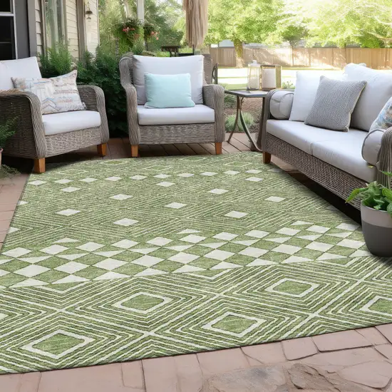Green And Ivory Geometric Washable Indoor Outdoor Area Rug Photo 8