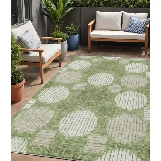 Green And Ivory Geometric Washable Indoor Outdoor Area Rug Photo 1
