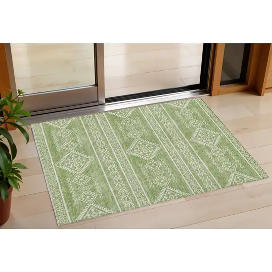 Green And Ivory Southwestern Washable Indoor Outdoor Area Rug Photo 1