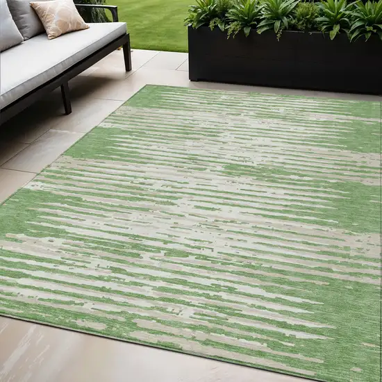 Green And Ivory Striped Washable Indoor Outdoor Area Rug Photo 1