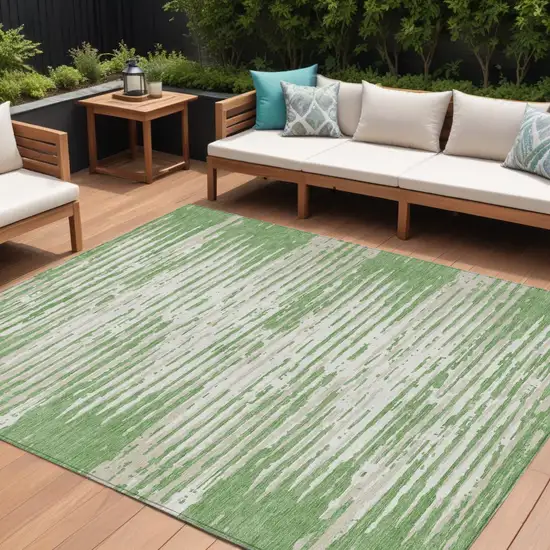 Green And Ivory Striped Washable Indoor Outdoor Area Rug Photo 1