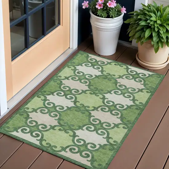 Green And Ivory Trellis Washable Indoor Outdoor Area Rug Photo 1