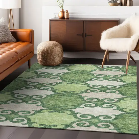 Green And Ivory Trellis Washable Indoor Outdoor Area Rug Photo 9