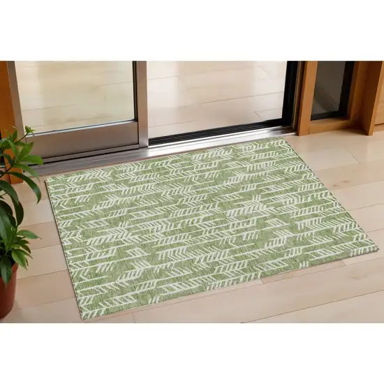 Green And Ivory Tribal Washable Indoor Outdoor Area Rug Photo 1
