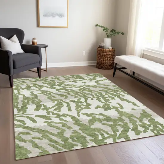 Green Gray And Ivory Animal Print Washable Indoor Outdoor Area Rug Photo 8