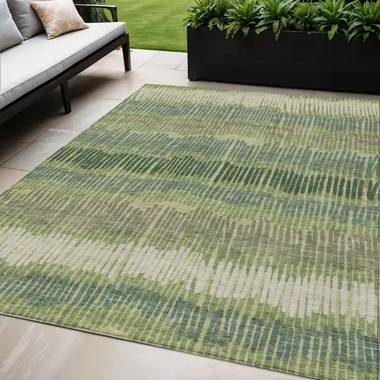 Green Gray And Ivory Striped Washable Indoor Outdoor Area Rug Photo 1