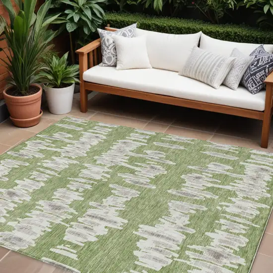 Green Gray And Ivory Striped Washable Indoor Outdoor Area Rug Photo 1