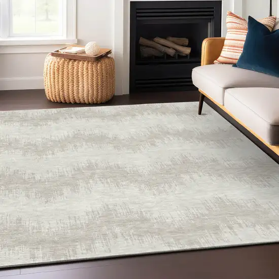 Ivory And Beige Chevron Washable Indoor Outdoor Area Rug Photo 8