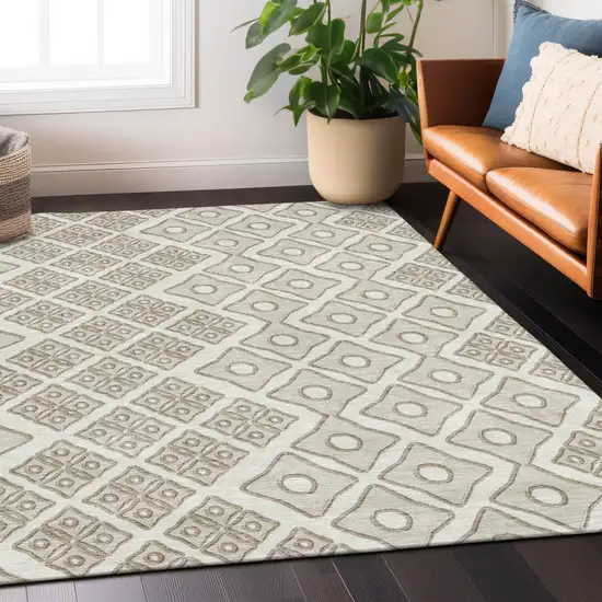 Ivory And Beige Geometric Washable Indoor Outdoor Area Rug Photo 9