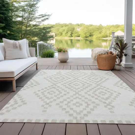 Ivory And Beige Geometric Washable Indoor Outdoor Area Rug Photo 8