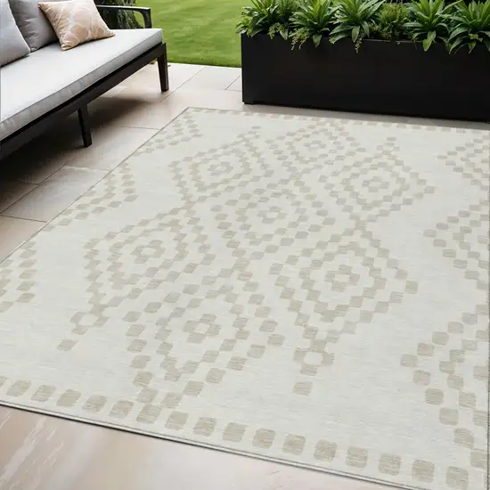 Ivory And Beige Geometric Washable Indoor Outdoor Area Rug Photo 1