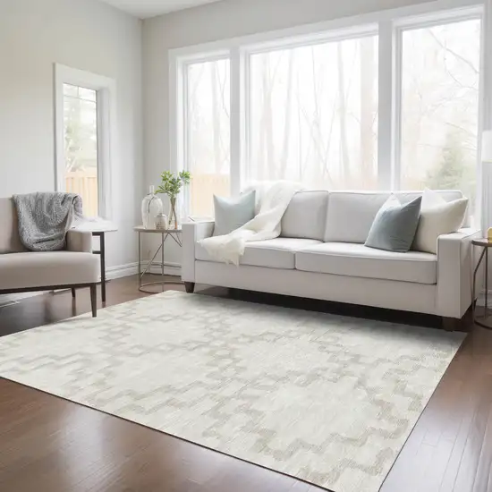 Ivory And Beige Geometric Washable Indoor Outdoor Area Rug Photo 9