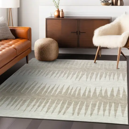 Ivory And Beige Striped Washable Indoor Outdoor Area Rug Photo 9