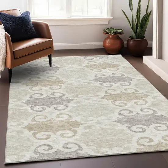 Ivory And Beige Trellis Washable Indoor Outdoor Area Rug Photo 9