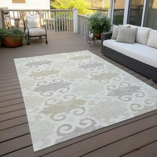 Ivory And Beige Trellis Washable Indoor Outdoor Area Rug Photo 8
