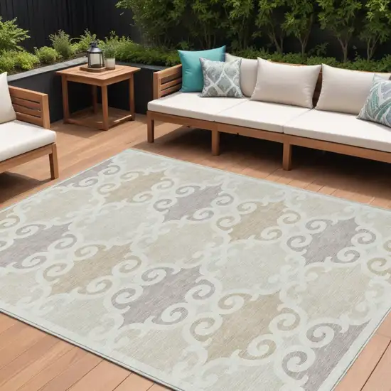 Ivory And Beige Trellis Washable Indoor Outdoor Area Rug Photo 1