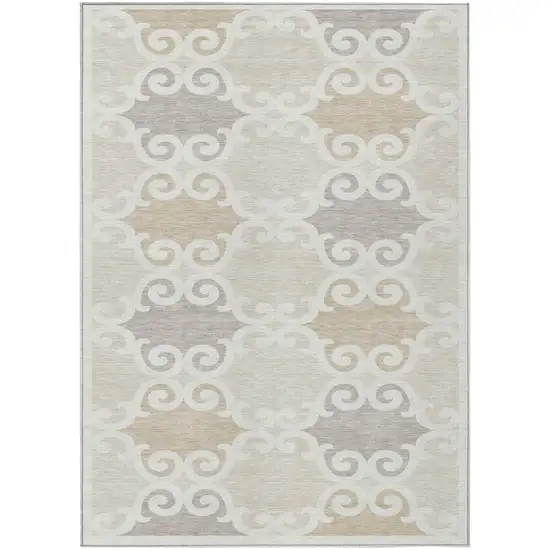 Ivory And Beige Trellis Washable Indoor Outdoor Area Rug Photo 2