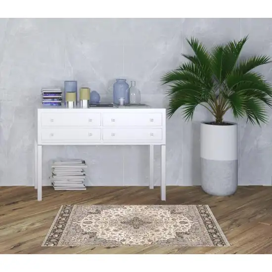 Ivory And Blue Oriental Power Loom Stain Resistant Area Rug With Fringe Photo 2