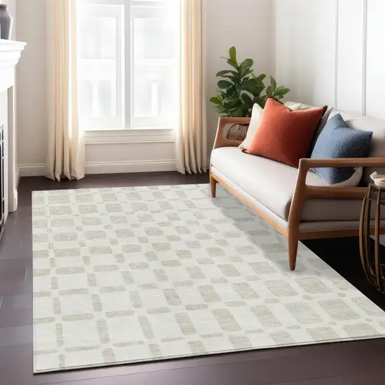 Ivory And Brown Geometric Washable Indoor Outdoor Area Rug Photo 9