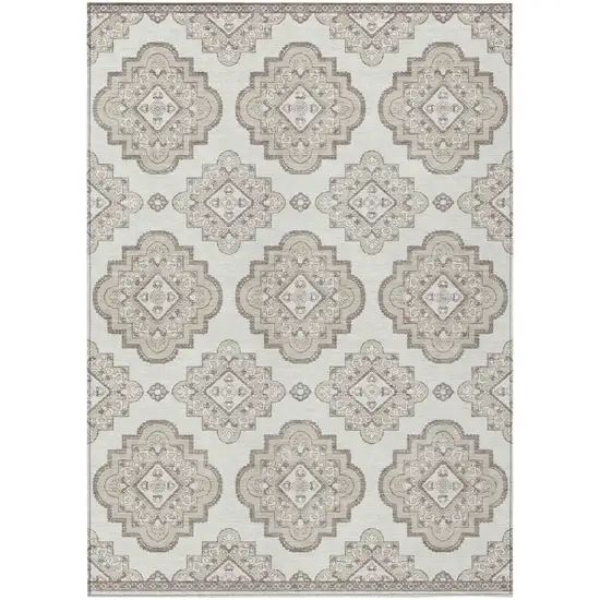 Ivory And Brown Medallion Washable Indoor Outdoor Area Rug Photo 2