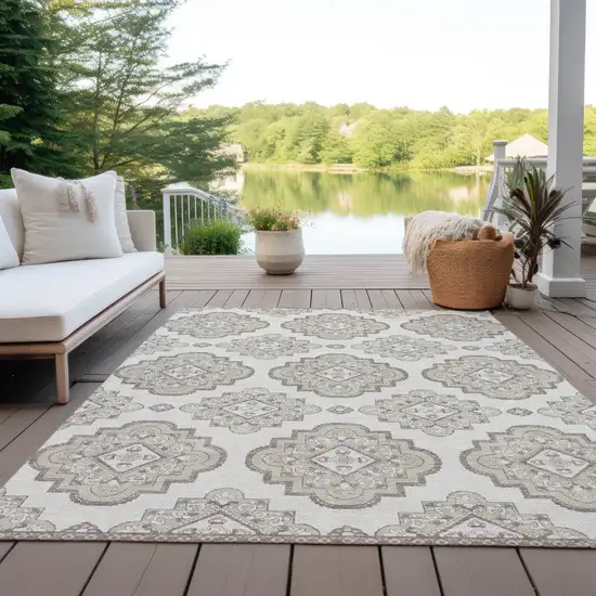 Ivory And Brown Medallion Washable Indoor Outdoor Area Rug Photo 8
