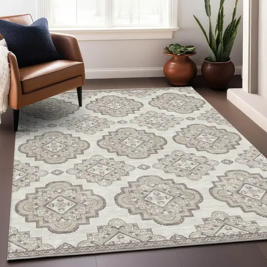 Ivory And Brown Medallion Washable Indoor Outdoor Area Rug Photo 9