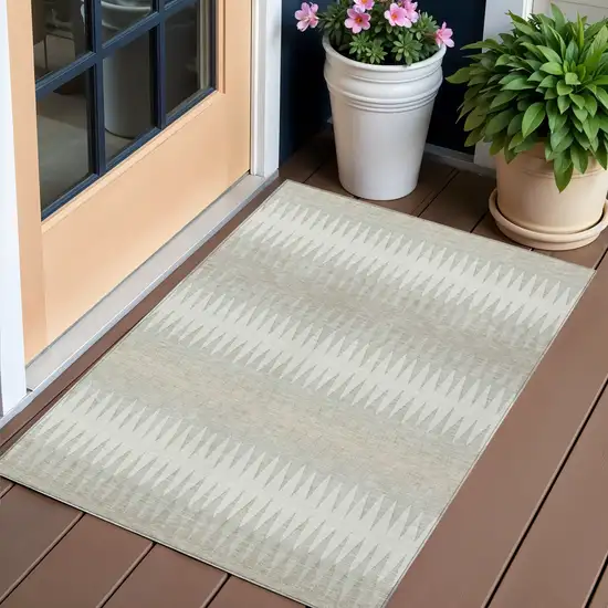 Ivory And Gray Striped Washable Indoor Outdoor Area Rug Photo 1