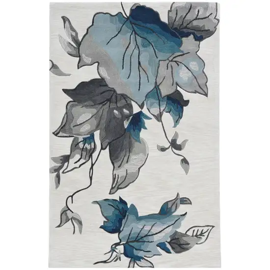 Ivory Blue Oversized Leaves Area Rug Photo 5