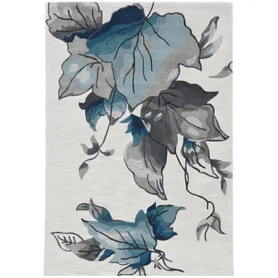 Ivory Blue Oversized Leaves Area Rug Photo 2