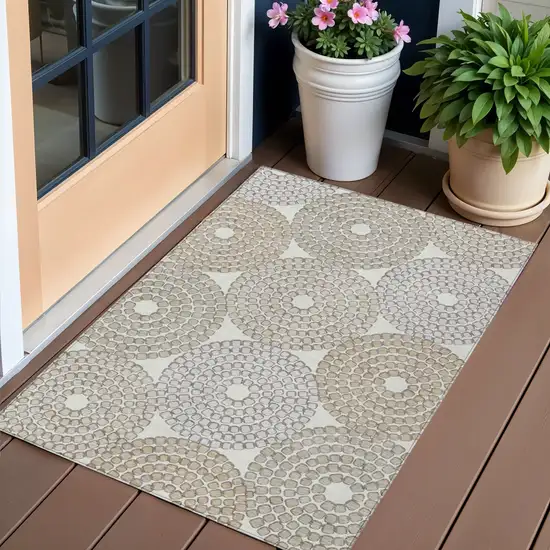 Ivory Brown And Gray Geometric Washable Indoor Outdoor Area Rug Photo 1