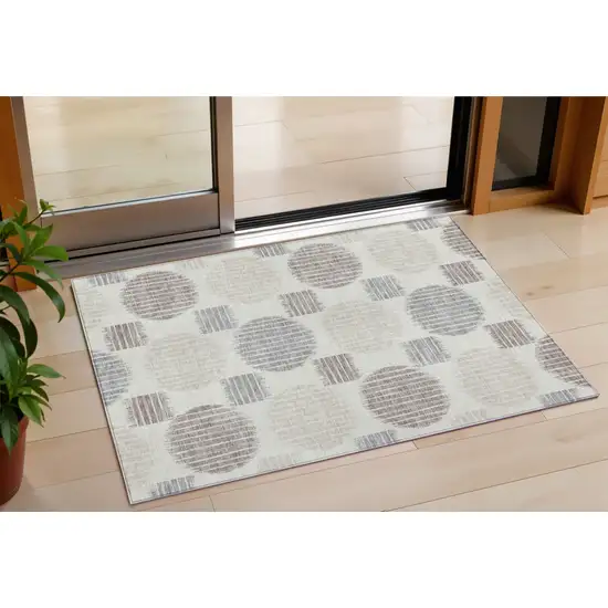 Ivory Brown And Gray Geometric Washable Indoor Outdoor Area Rug Photo 1