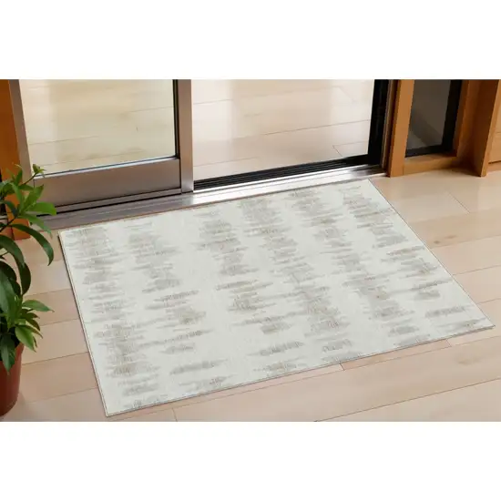 Ivory Brown And Gray Striped Washable Indoor Outdoor Area Rug Photo 1