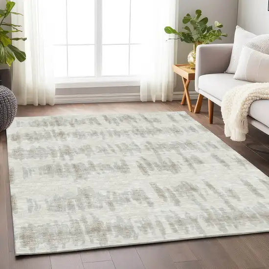 Ivory Brown And Gray Striped Washable Indoor Outdoor Area Rug Photo 9