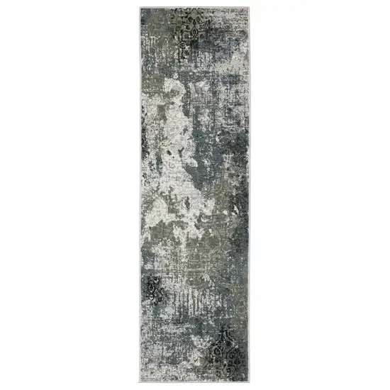 Ivory Grey Charcoal Blue And Navy Abstract Power Loom Stain Resistant Runner Rug Photo 1